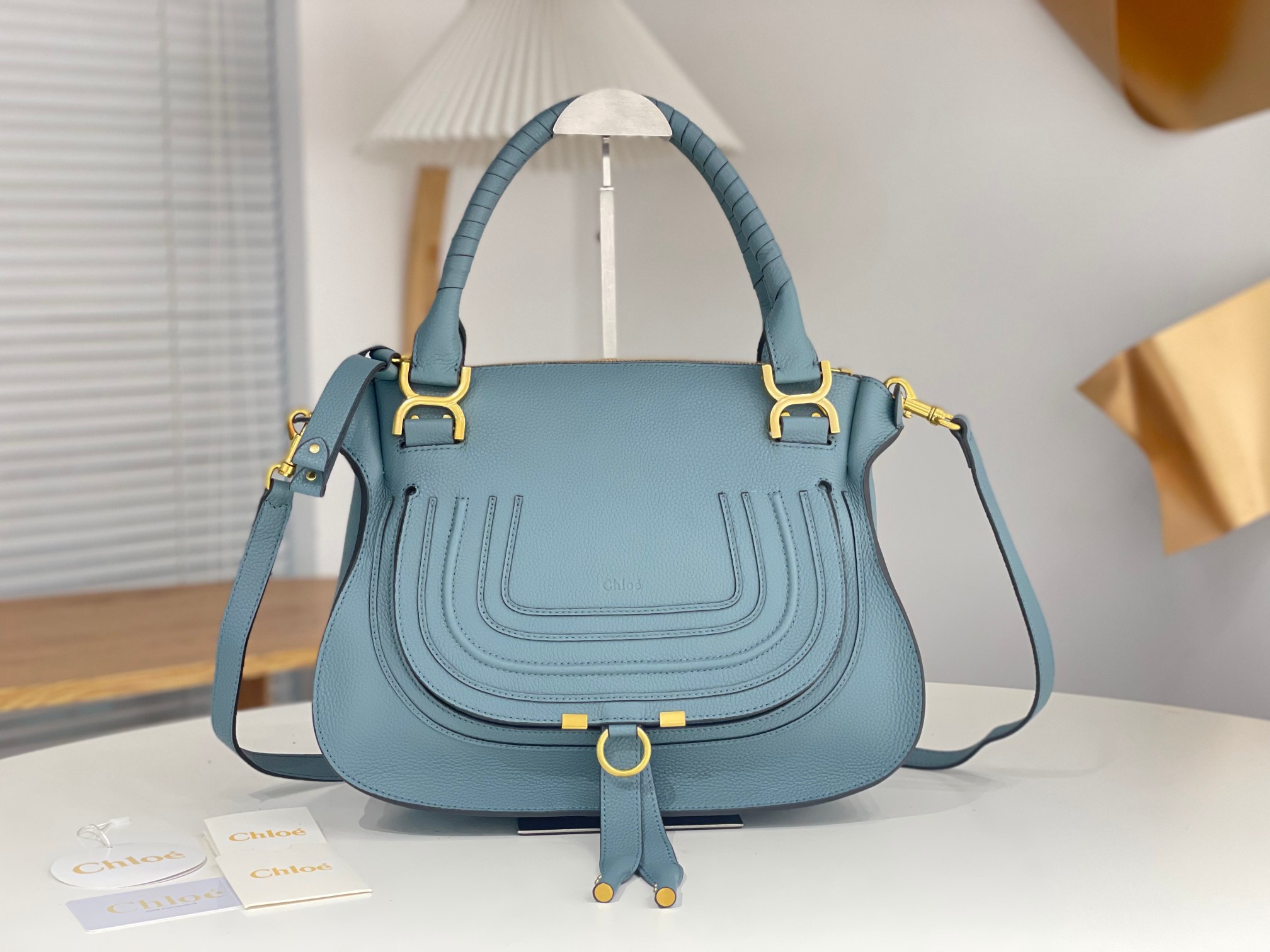 Chloe Large Marcie Bag In Light Blue Grained Leather